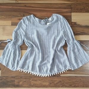 Bell sleeve striped top with poms